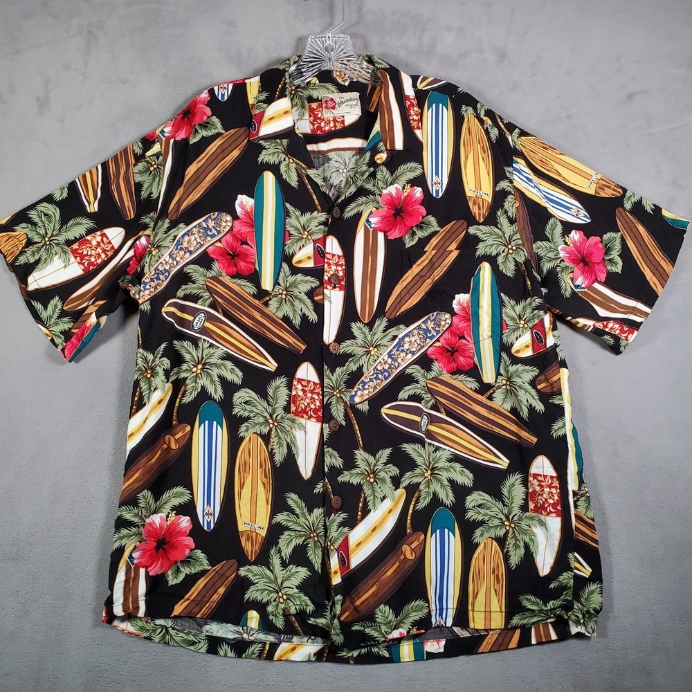 VTG Hilo Hattie Hawaiian Shirt Mens L Black Red Surfboard Tropical Floral Aloha